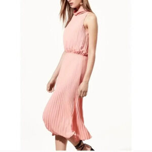 Babaton Aritzia women’s Midi Dress Pleated Mock Neck Side slit Pink coquette